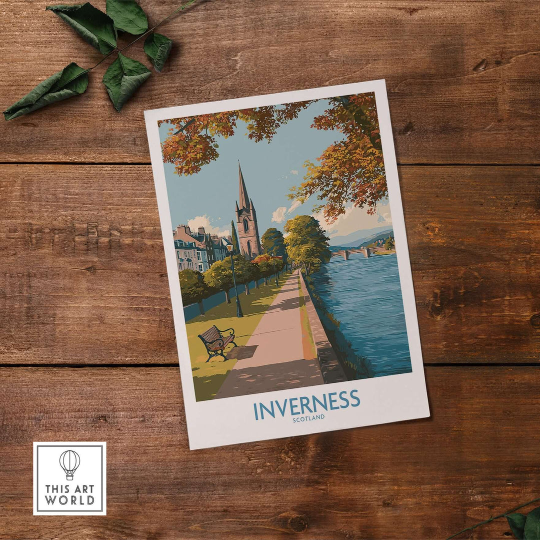 Inverness Scotland River Ness Art Print | Church Spire Poster showcasing serene riverside scene with church spire.