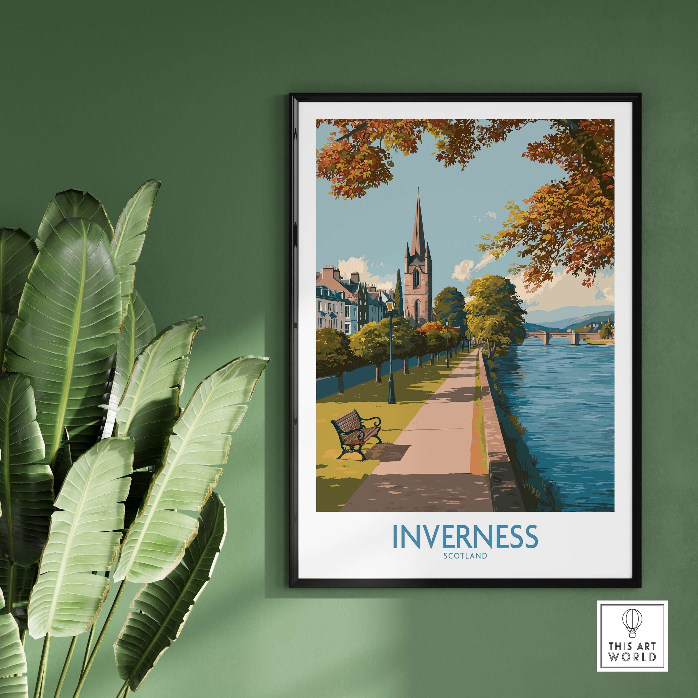 Inverness Scotland River Ness Art Print | Church Spire Poster showcasing the scenic view along River Ness, with church spire.