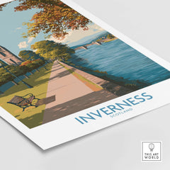 Inverness Scotland River Ness Art Print | Church Spire Poster showcasing the serene riverside path and trees.