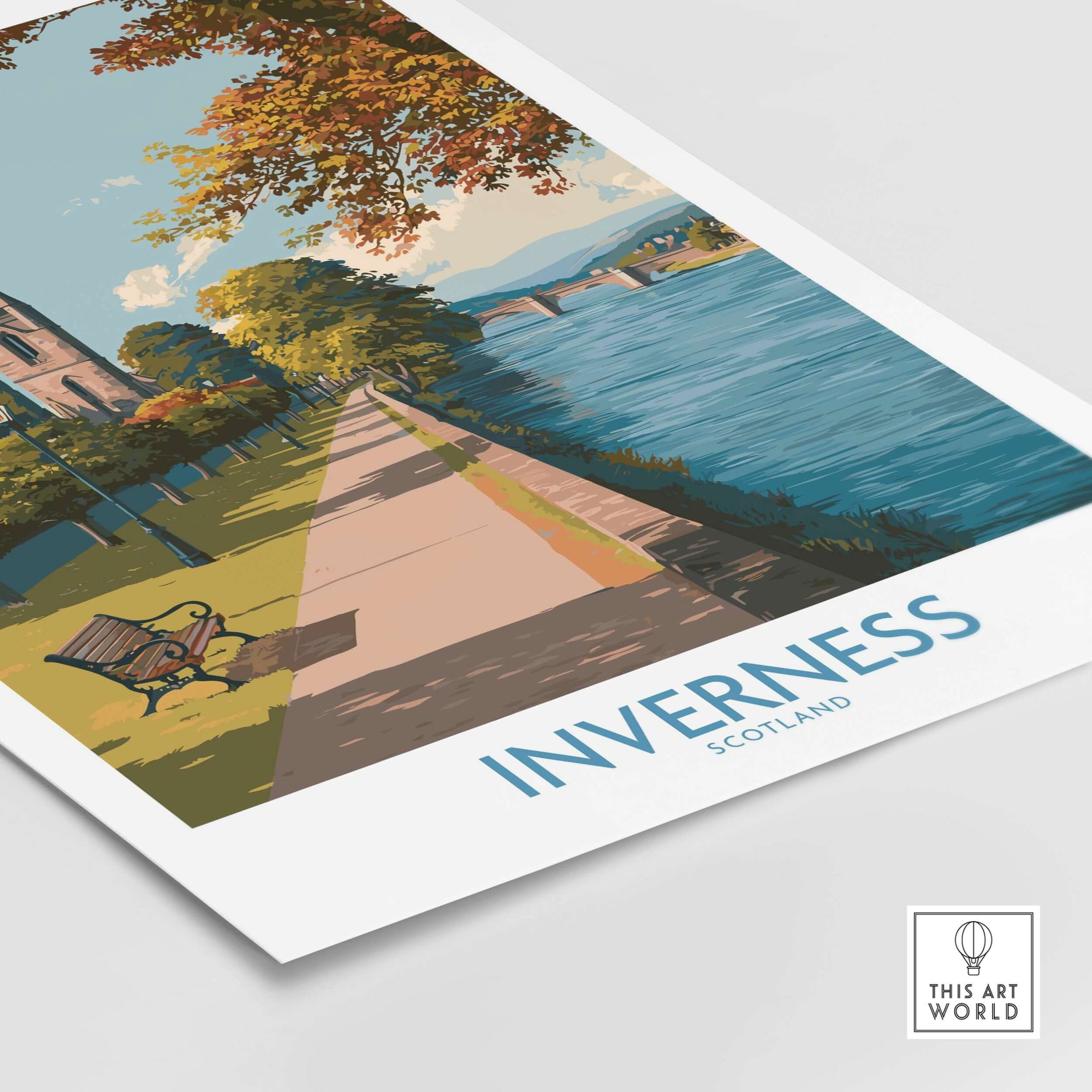 Inverness Scotland River Ness Art Print | Church Spire Poster showcasing the serene riverside path and trees.