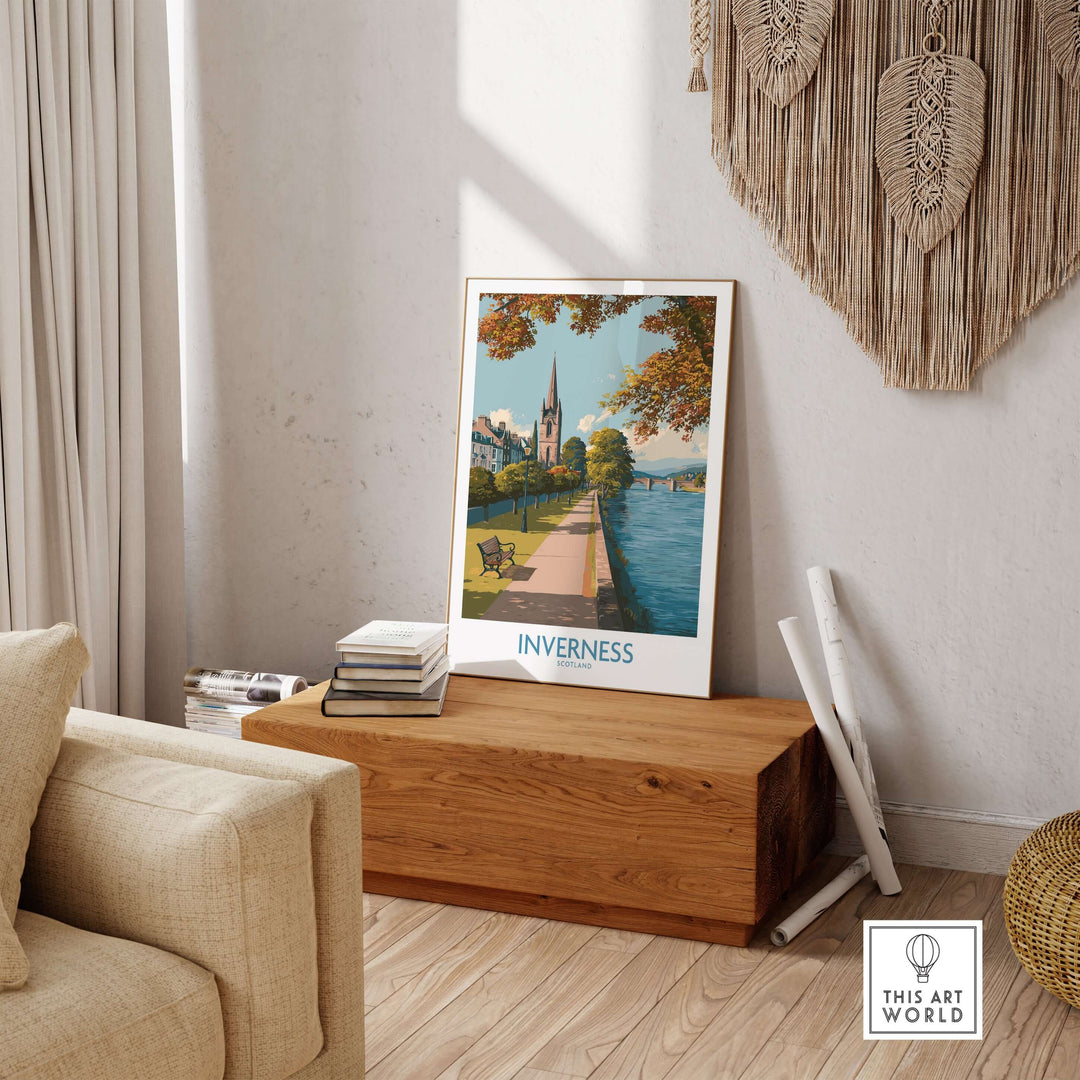Inverness Scotland River Ness Art Print | Church Spire Poster displayed in a cozy interior setting.