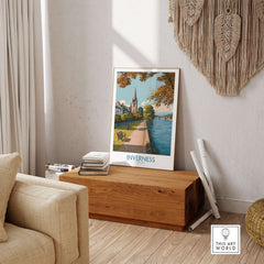 Inverness Scotland River Ness Art Print | Church Spire Poster displayed in a cozy interior setting.
