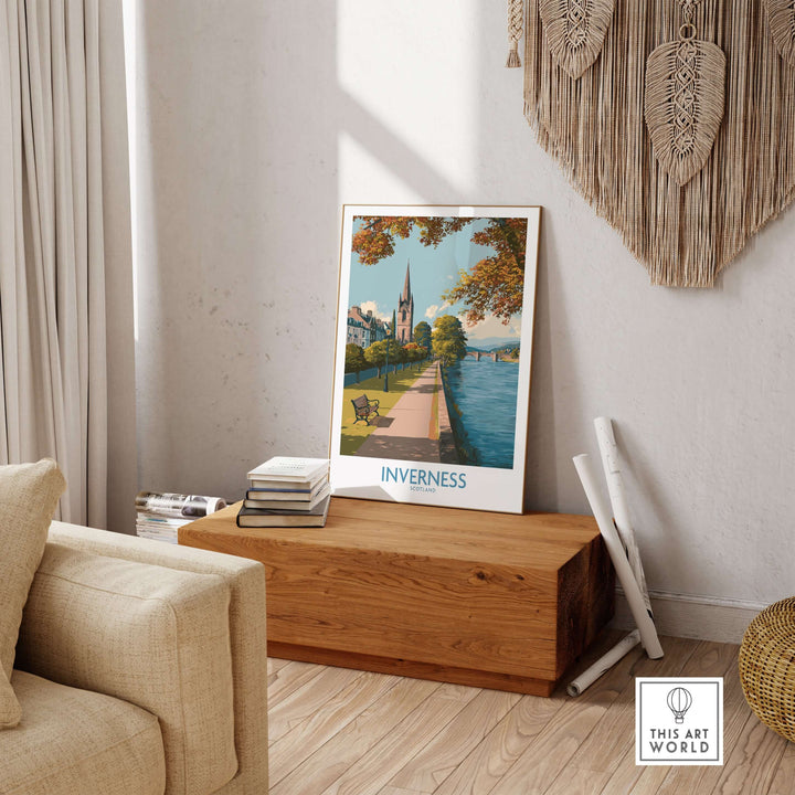 Inverness Scotland River Ness Art Print | Church Spire Poster displayed in a cozy interior setting.