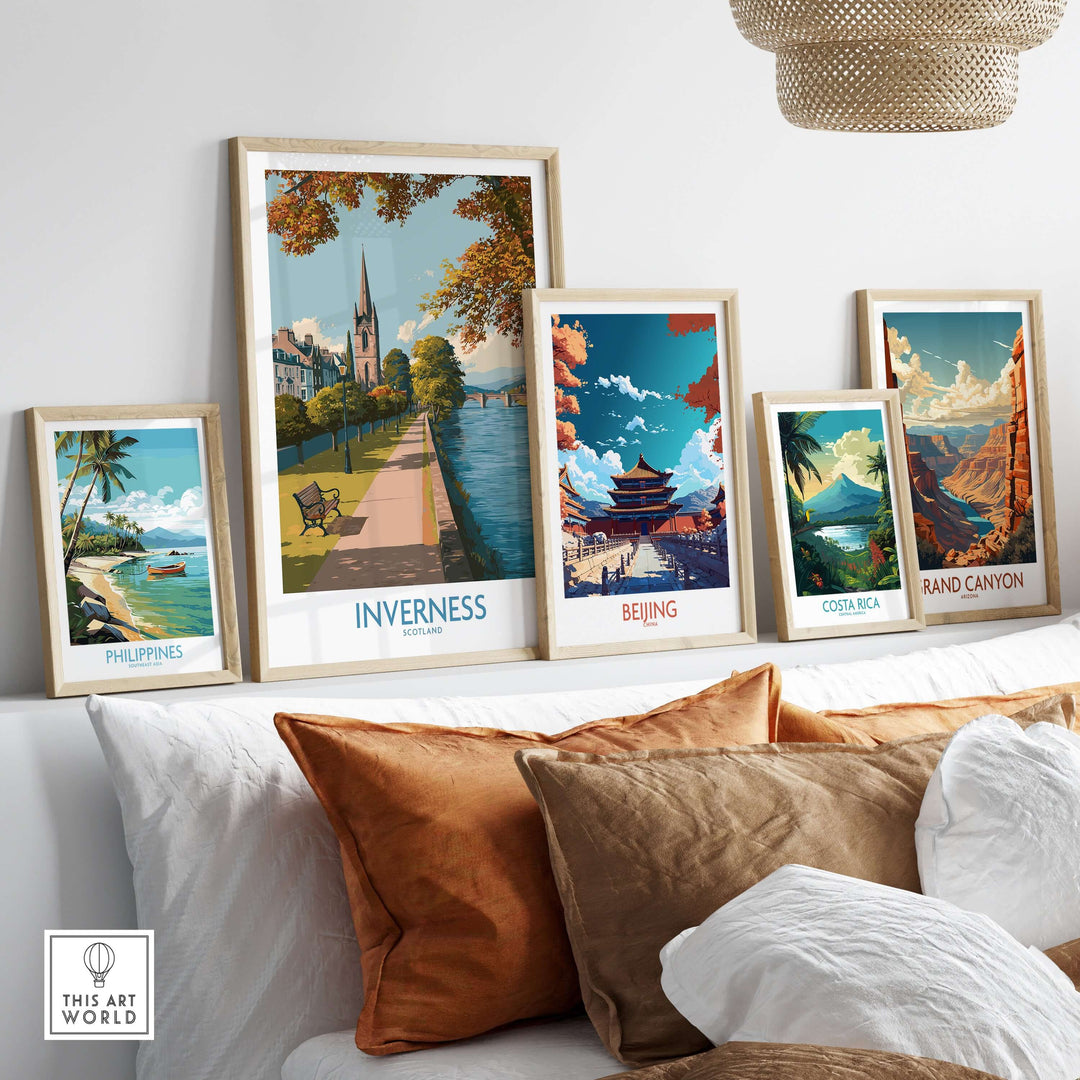 Inverness Scotland River Ness Art Print | Church Spire Poster displayed among other travel art prints.
