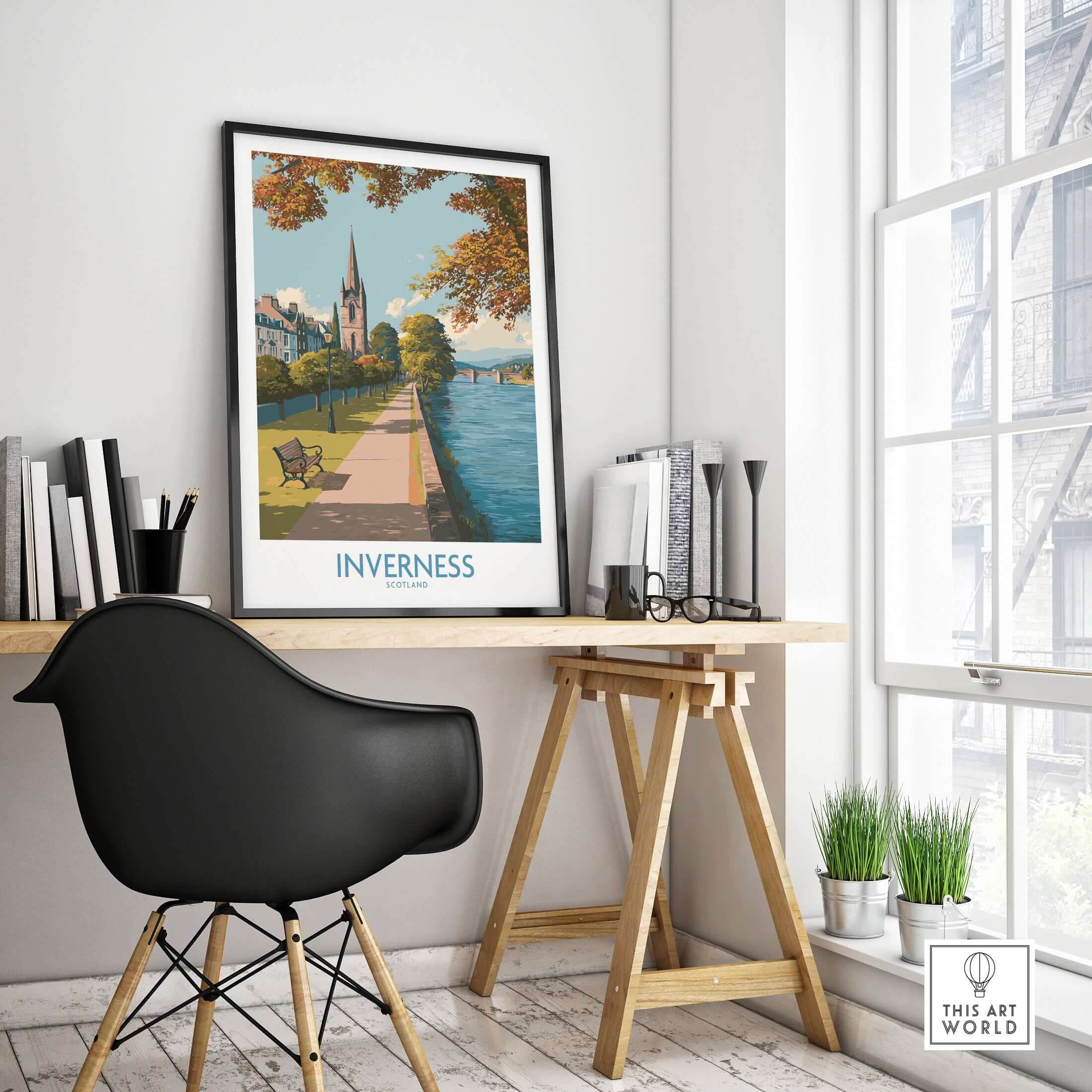 Inverness Scotland River Ness Art Print | Church Spire Poster displayed in a cozy workspace with natural light.