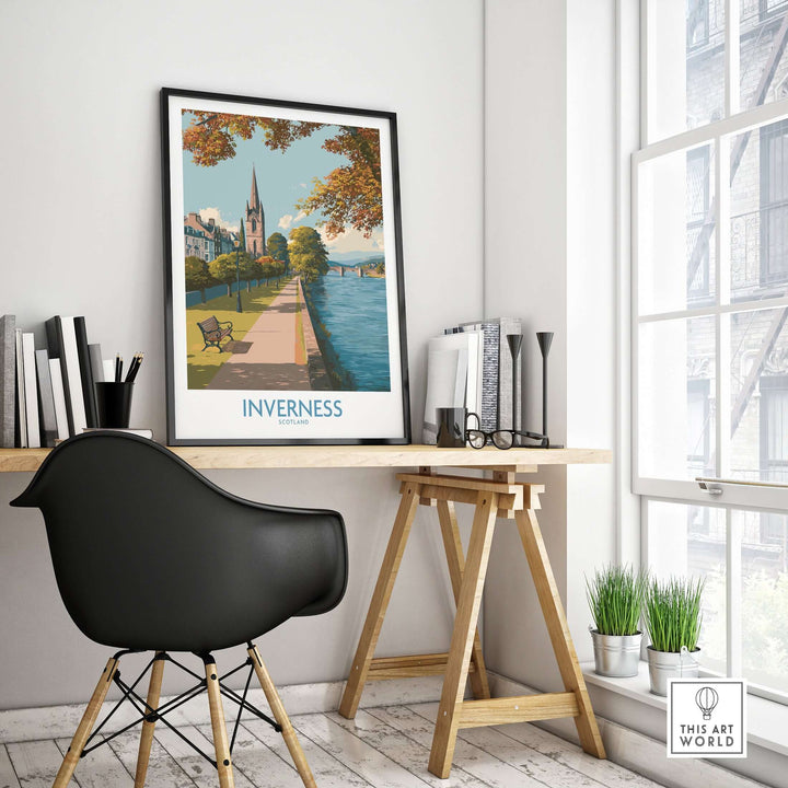 Inverness Scotland River Ness Art Print | Church Spire Poster displayed in a modern home office setting.