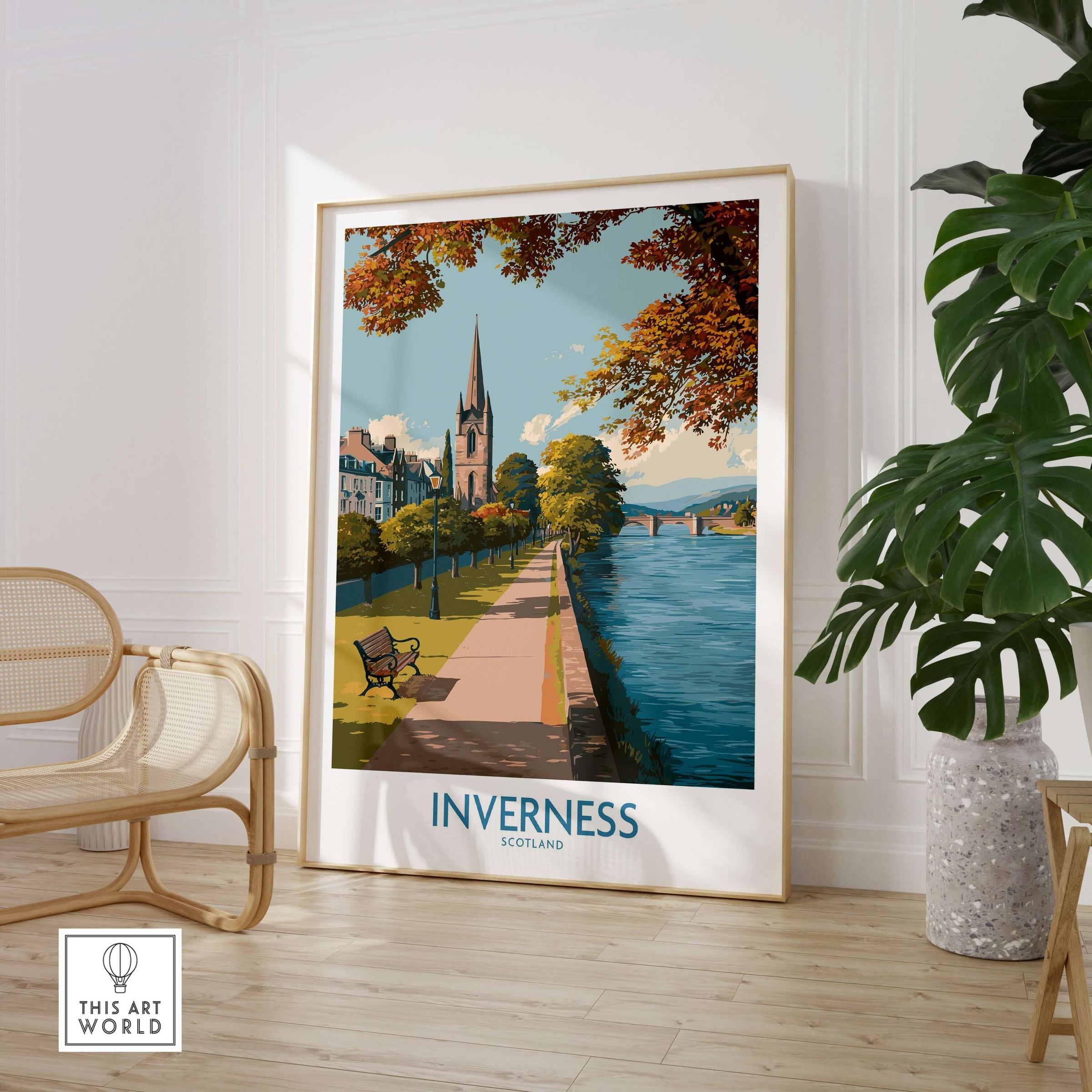 Inverness Scotland River Ness Art Print | Church Spire Poster displayed in a bright living room setting.