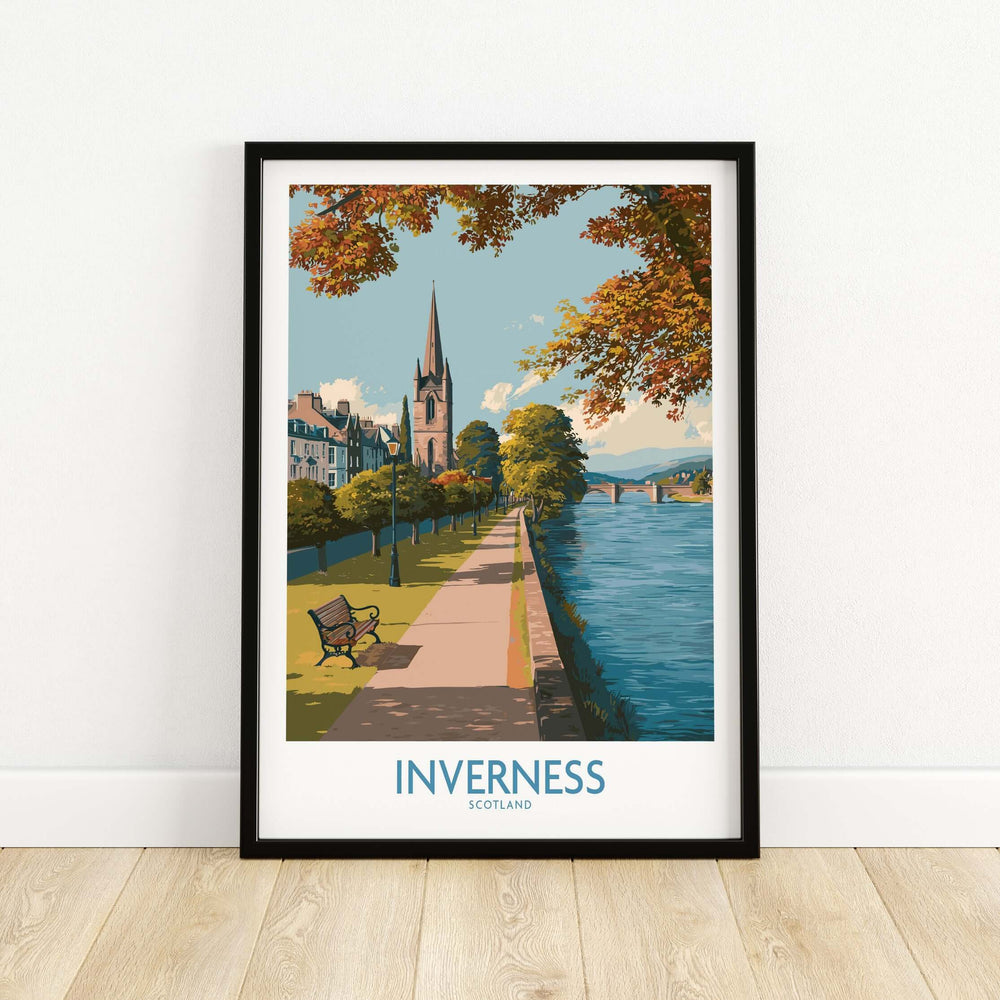 Inverness Scotland River Ness Art Print | Church Spire Poster showcasing a scenic view along the river with a church spire.