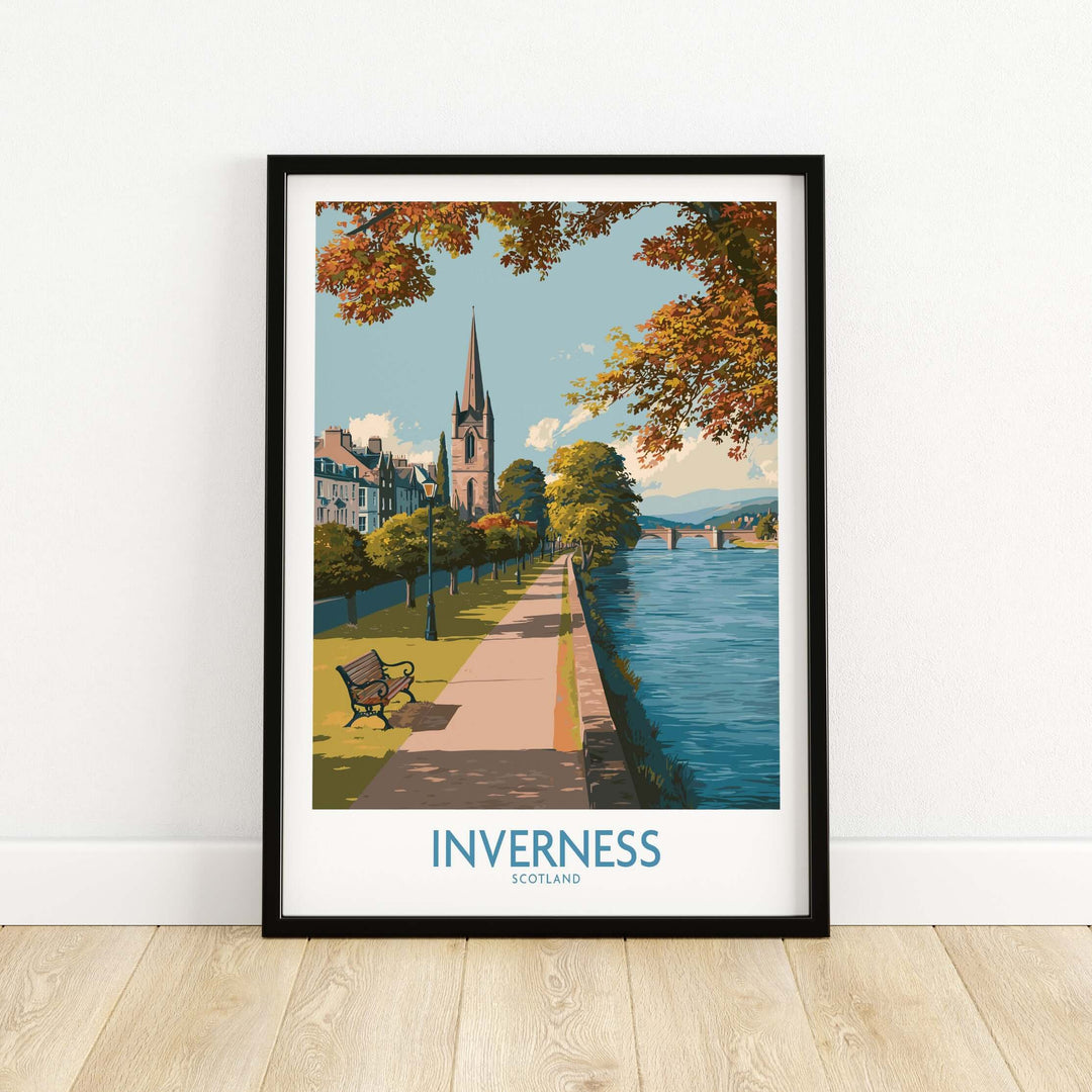 Inverness Scotland River Ness Art Print | Church Spire Poster showcasing a scenic view along the river with a church spire.