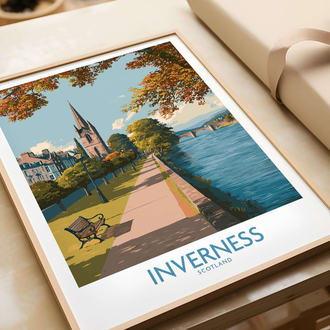 Inverness Scotland River Ness Art Print | Church Spire Poster featuring a scenic riverside view with autumn foliage.