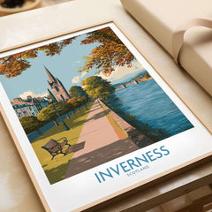 Inverness Scotland River Ness Art Print | Church Spire Poster featuring a serene waterside scene and church spire.