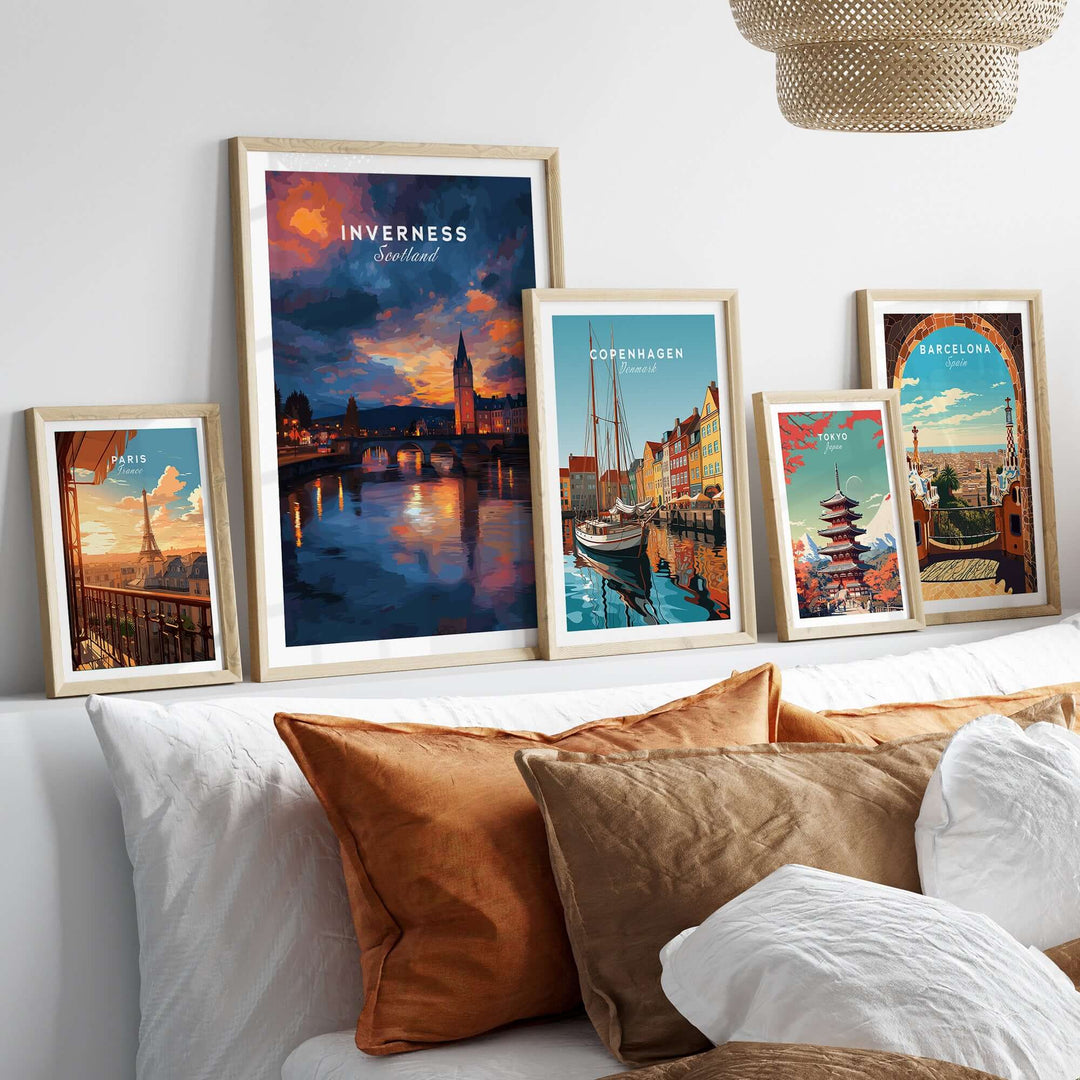 Inverness Scotland Sunset River Art Print | Vibrant City Lights Poster displayed among other city art prints.
