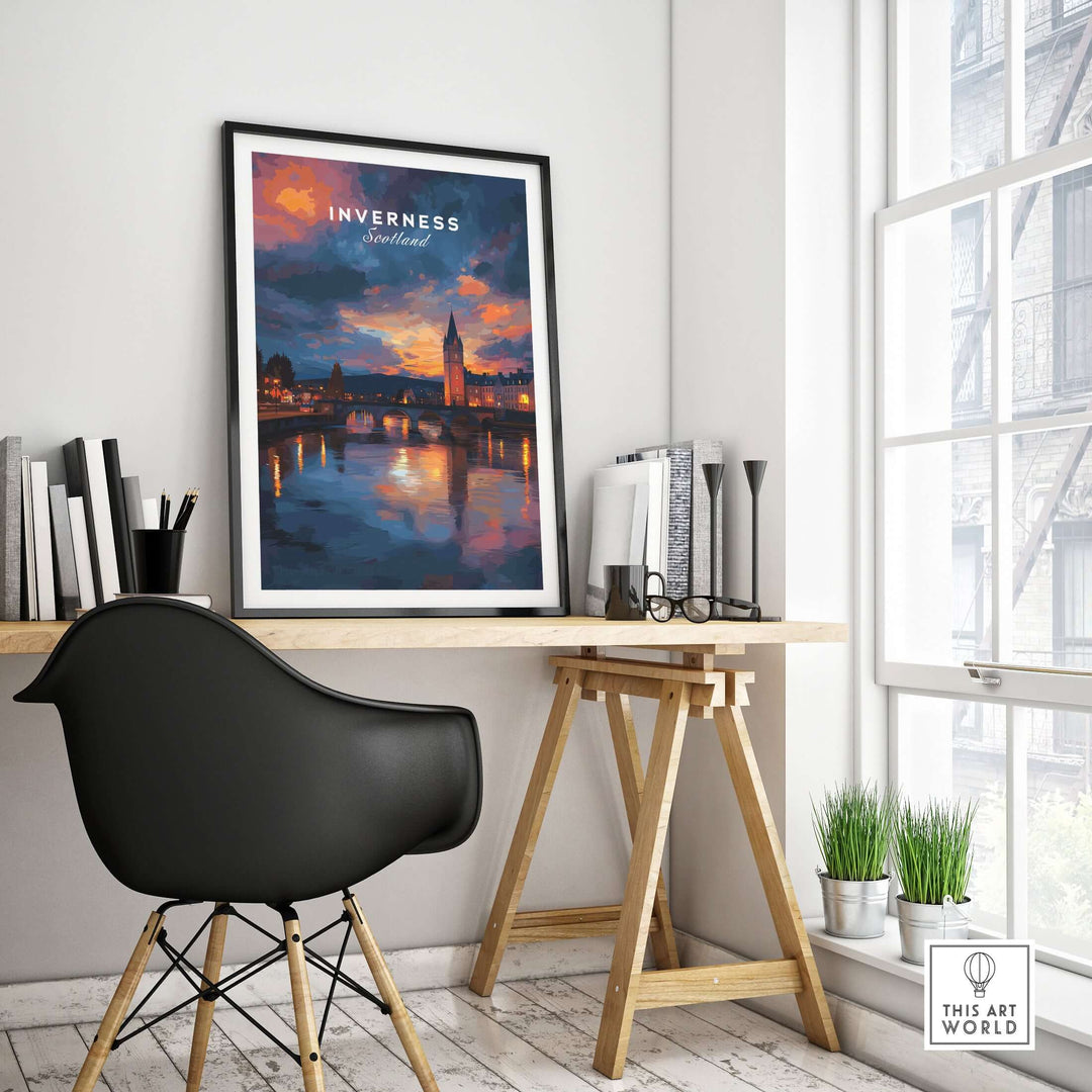 Inverness Scotland Sunset River Art Print | Vibrant City Lights Poster displayed in a modern room with stylish decor.