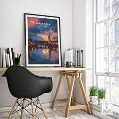 Inverness Scotland Sunset River Art Print | Vibrant City Lights Poster displayed on a wall in a modern home interior.