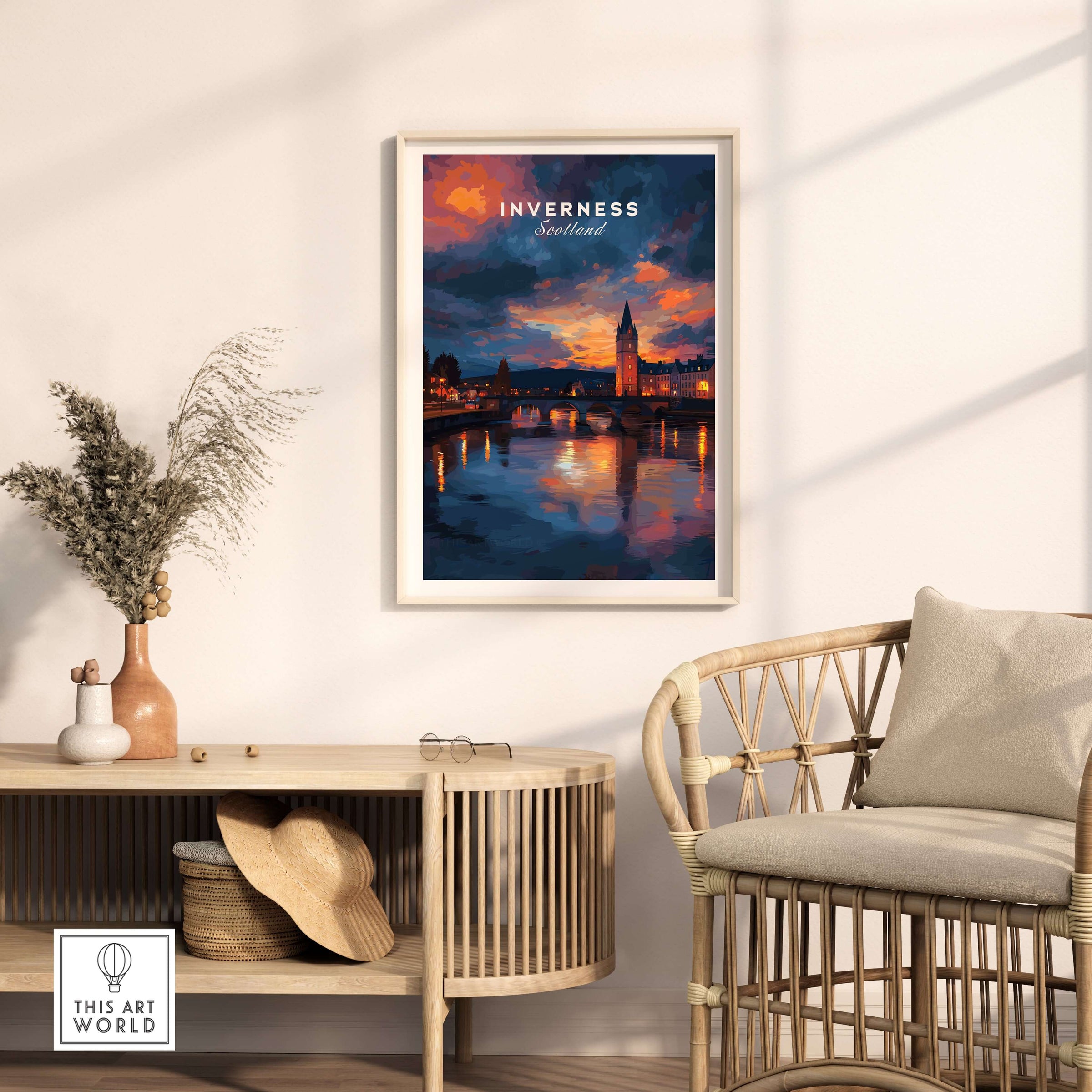 Inverness Scotland Sunset River Art Print | Vibrant City Lights Poster displayed in a cozy interior setting.