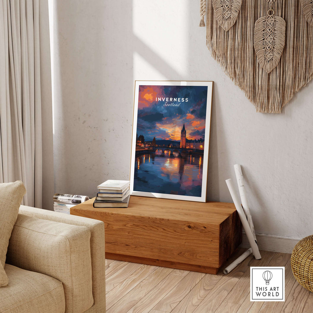 Inverness Scotland Sunset River Art Print | Vibrant City Lights Poster displayed in a cozy living room setting.
