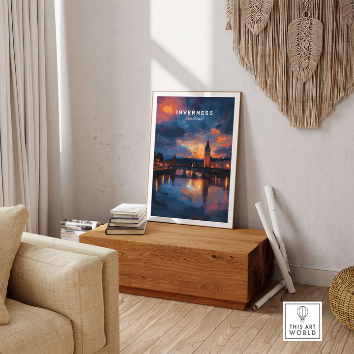 Inverness Scotland Sunset River Art Print | Vibrant City Lights Poster displayed in a cozy living room setting.