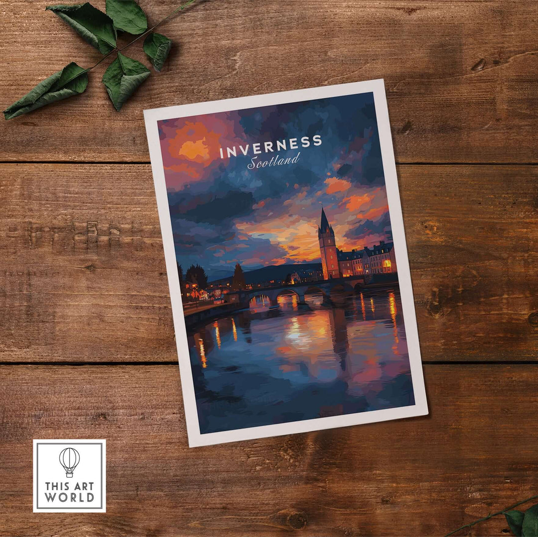 Inverness Scotland Sunset River Art Print | Vibrant City Lights Poster showcasing a colorful sunset over the water.