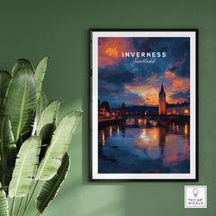 Inverness Scotland Sunset River Art Print | Vibrant City Lights Poster showcasing the city’s shimmering lights at sunset.