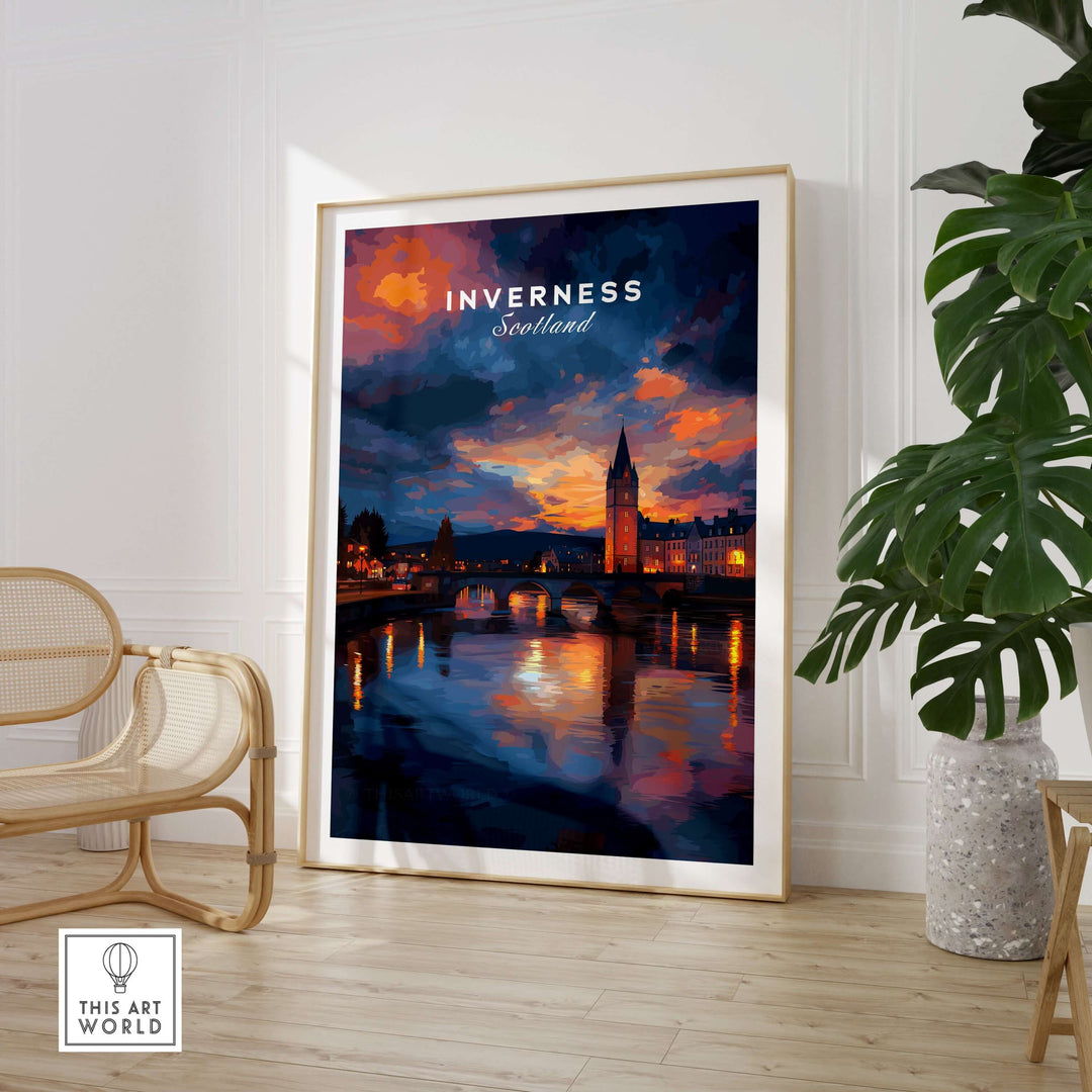 Inverness Scotland Sunset River Art Print | Vibrant City Lights Poster displayed in a cozy room with plants.