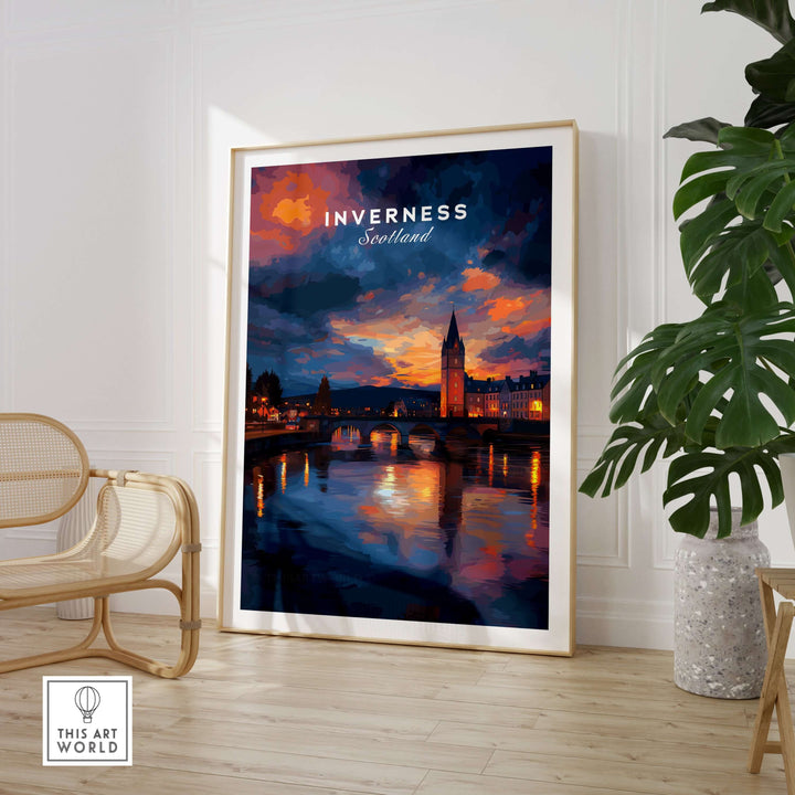 Inverness Scotland Sunset River Art Print | Vibrant City Lights Poster displayed in a cozy room with plants.