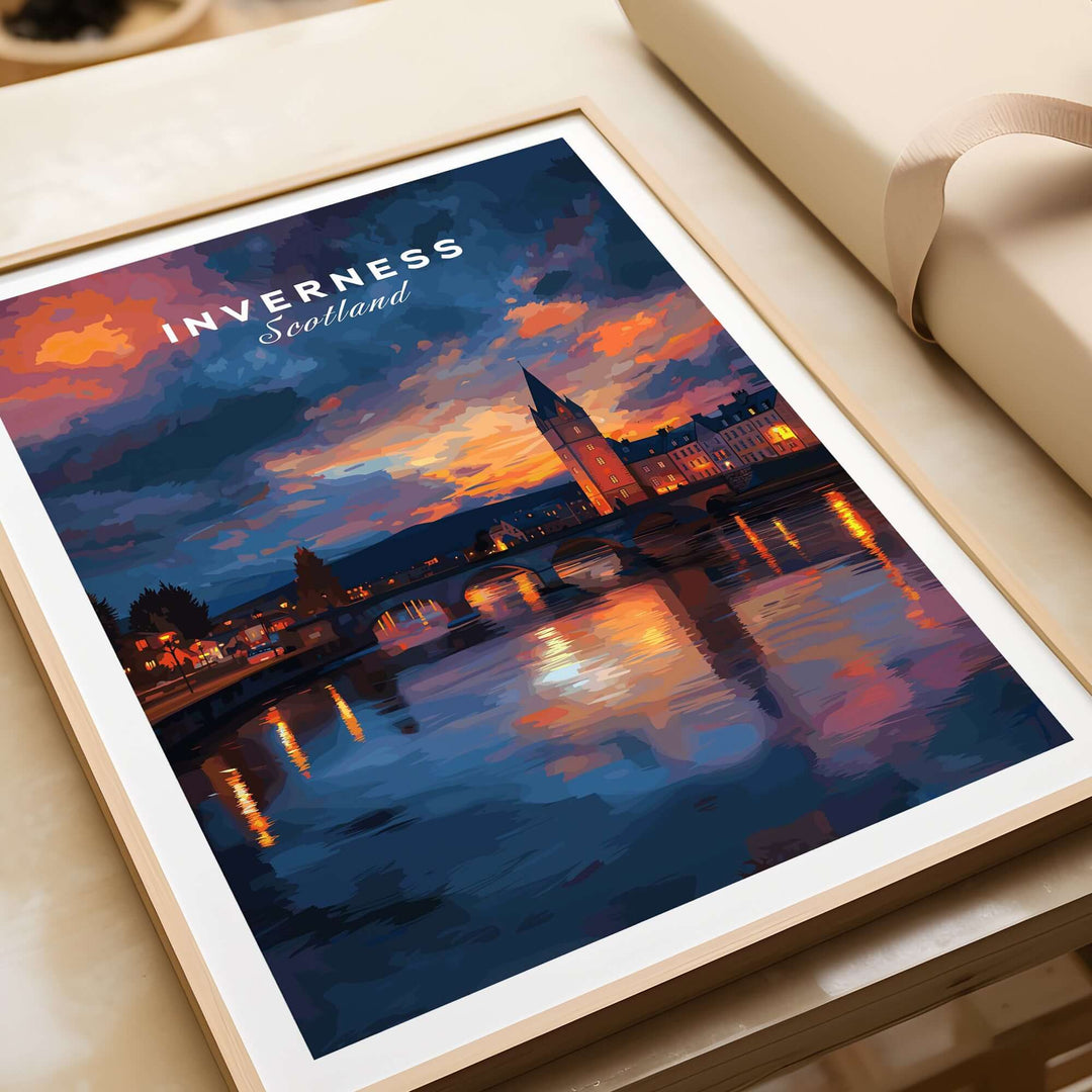 Inverness Scotland Sunset River Art Print | Vibrant City Lights Poster in a framed setting, highlighting vibrant colors.