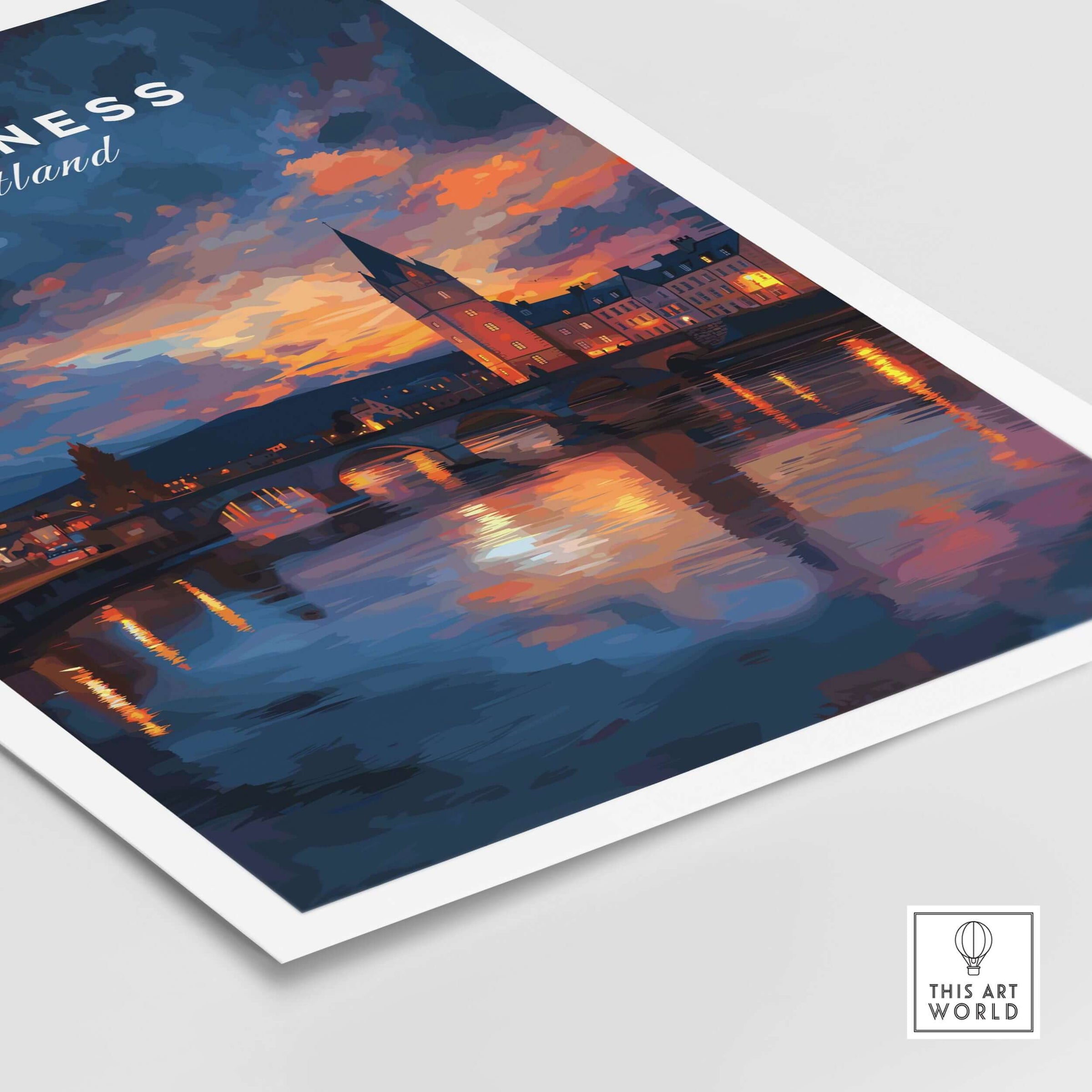 Inverness Scotland Sunset River Art Print | Vibrant City Lights Poster showcasing a colorful sunset reflection on water.