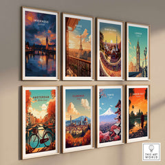 Inverness Scotland Sunset River Art Print | Vibrant City Lights Poster among other vibrant city art prints on a wall.