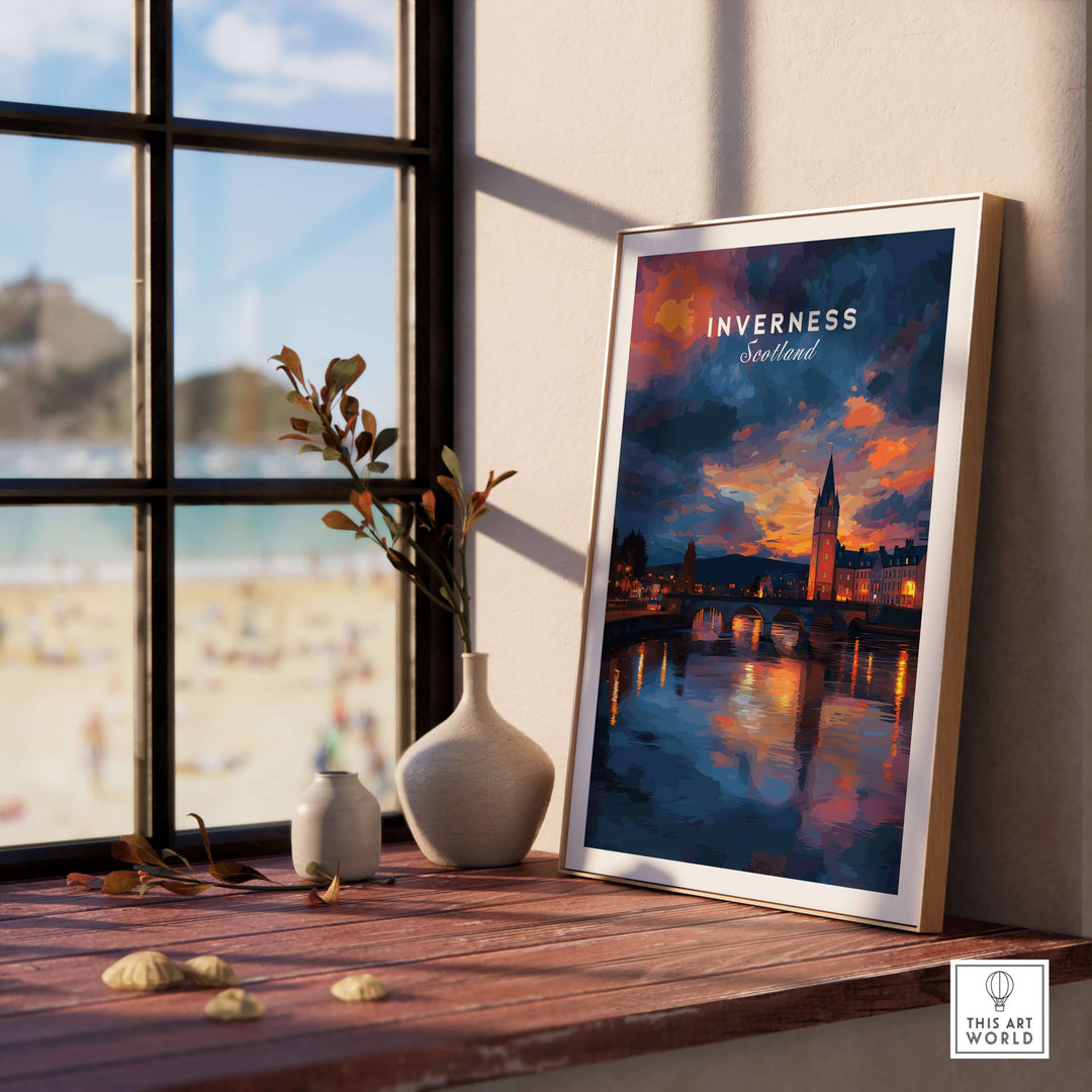 Inverness Scotland Sunset River Art Print | Vibrant City Lights Poster displayed in a stylish interior setting.