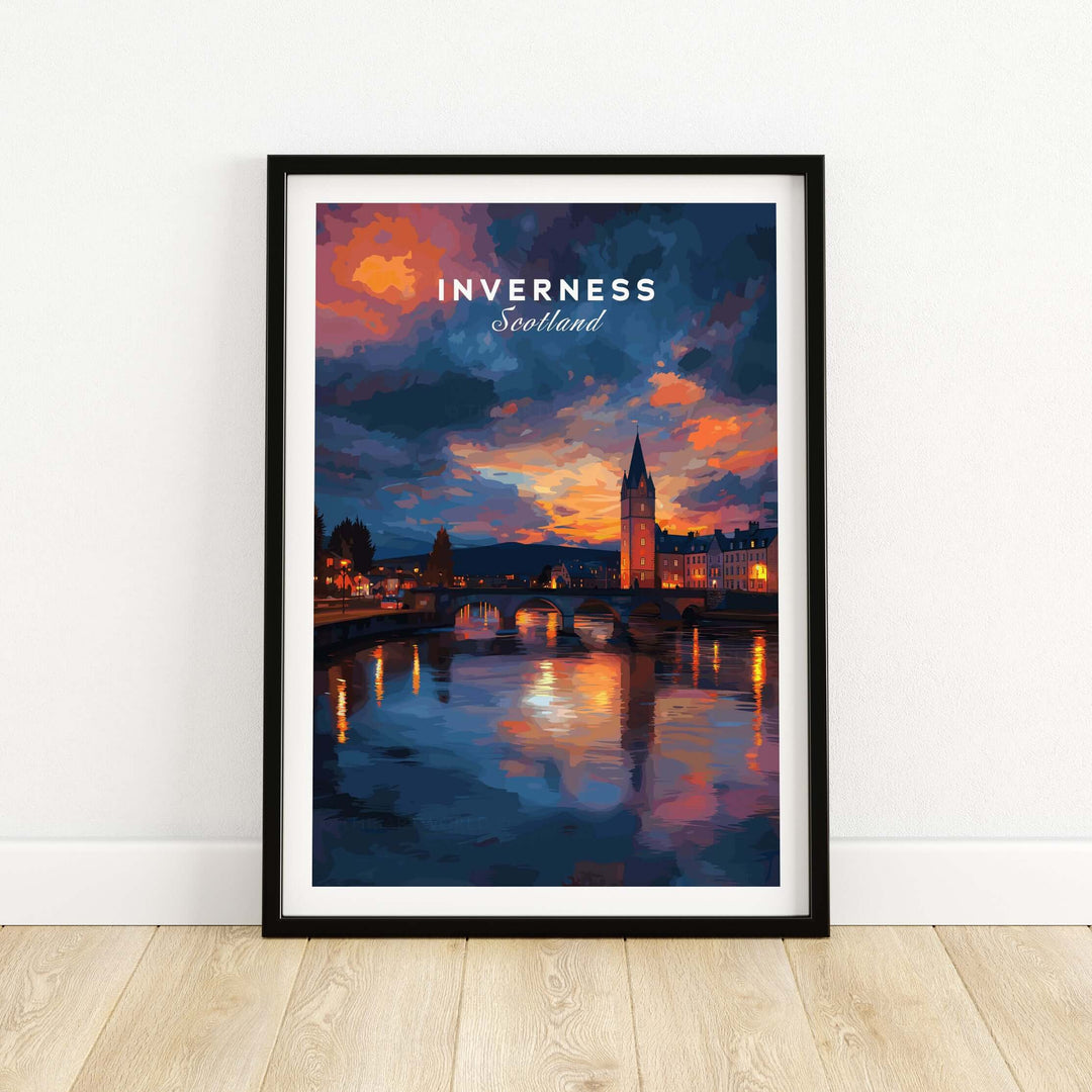 Inverness Scotland Sunset River Art Print | Vibrant City Lights Poster showcasing city lights and reflections on water.