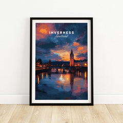 Inverness Scotland Sunset River Art Print | Vibrant City Lights Poster in a framed design showcasing evening reflections.