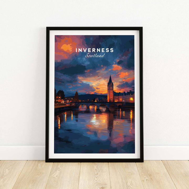 Inverness Scotland Sunset River Art Print | Vibrant City Lights Poster showcasing city lights and reflections on water.
