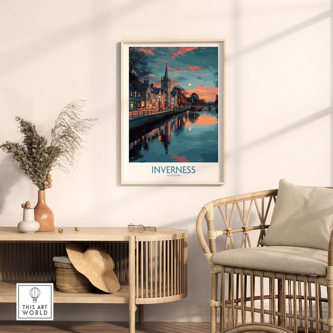 Inverness Scotland Sunset River Reflections Art Print | Twilight Cityscape Poster displayed in a stylish living room.