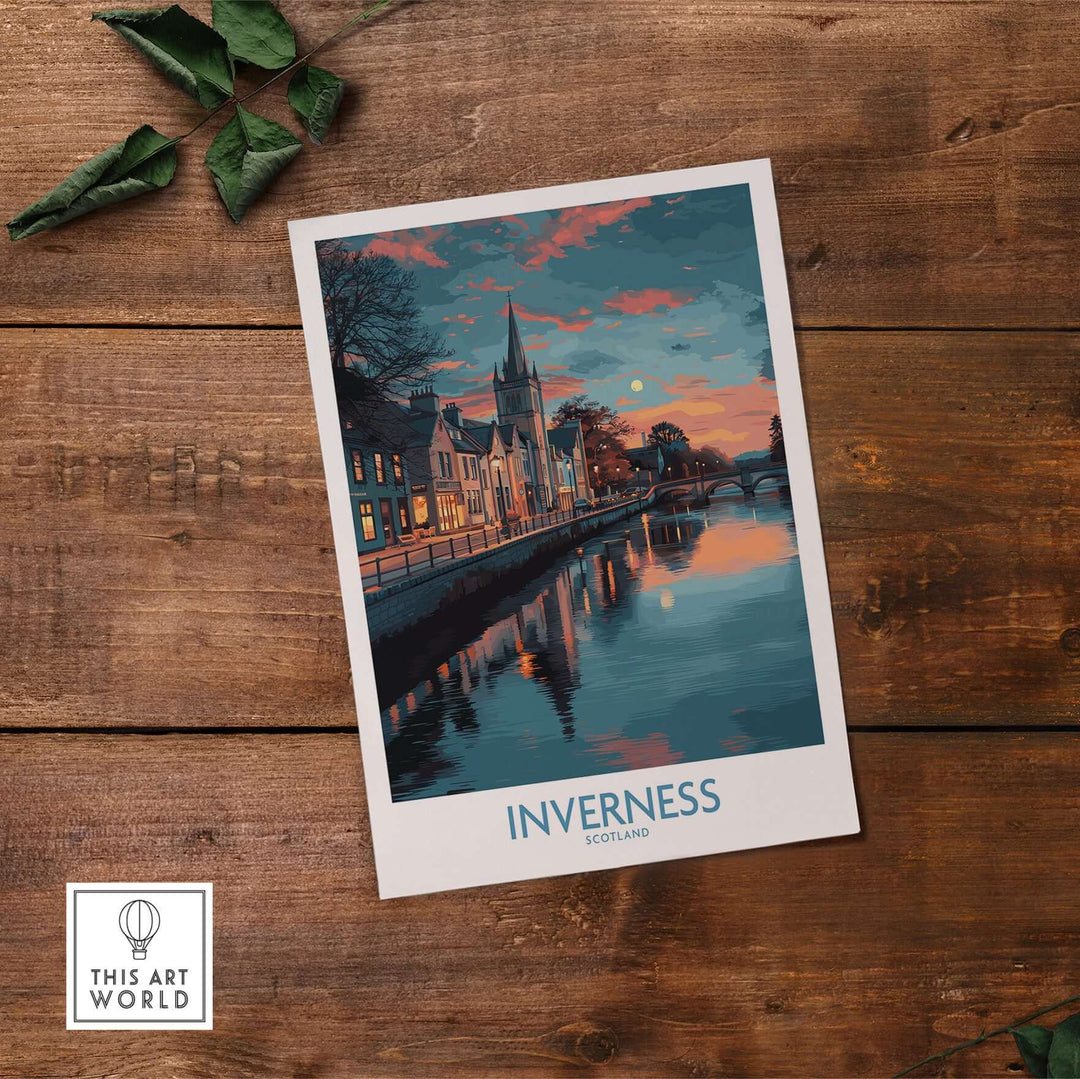 Inverness Scotland Sunset River Reflections Art Print | Twilight Cityscape Poster on wooden surface with green leaves