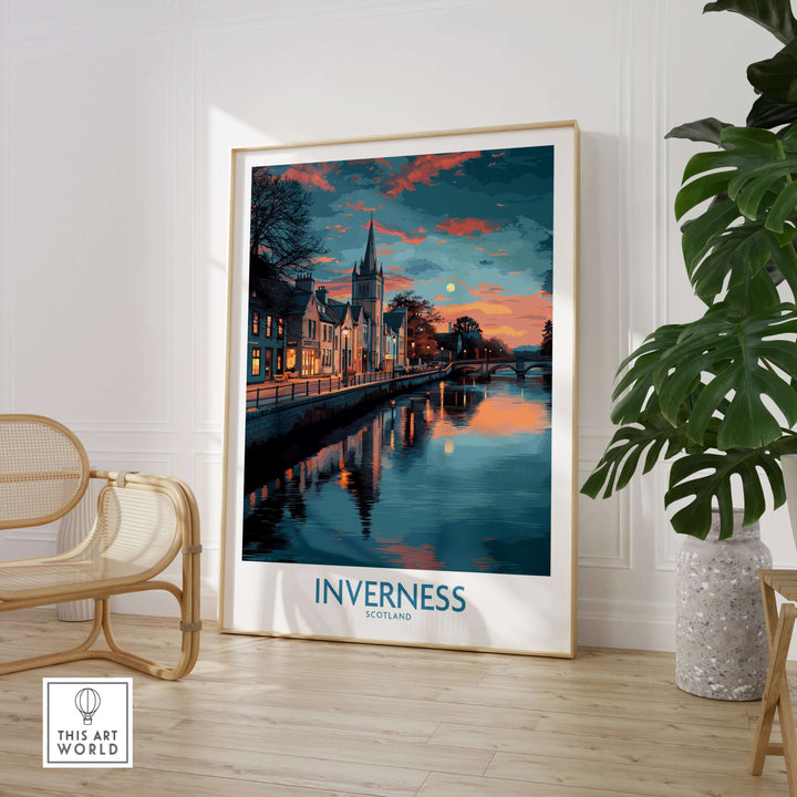 Inverness Scotland Sunset River Reflections Art Print | Twilight Cityscape Poster displayed in a modern interior setting.