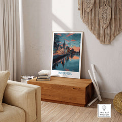 Inverness Scotland Sunset River Reflections Art Print | Twilight Cityscape Poster displayed in a cozy living room.