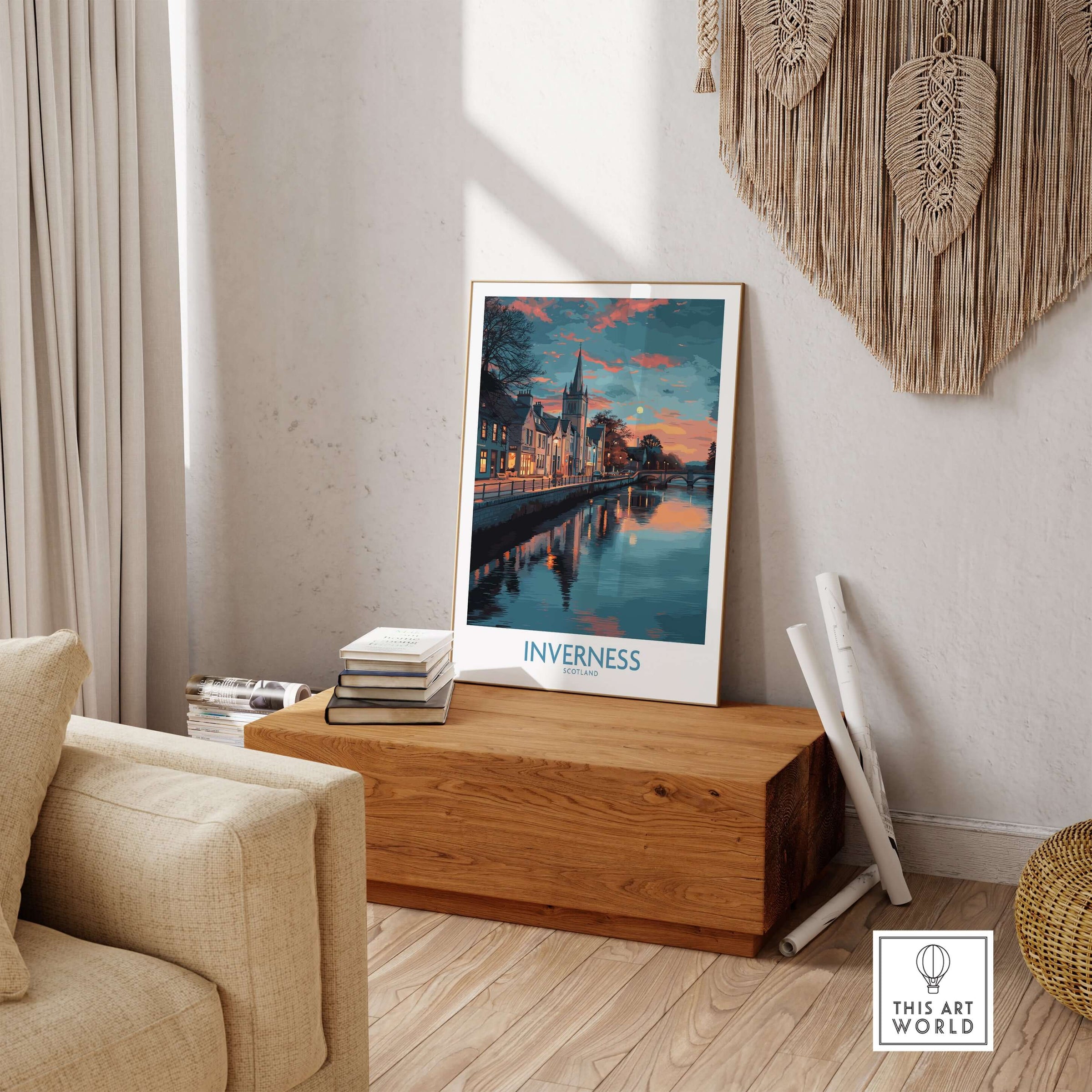 Inverness Scotland Sunset River Reflections Art Print | Twilight Cityscape Poster displayed in a cozy living room.
