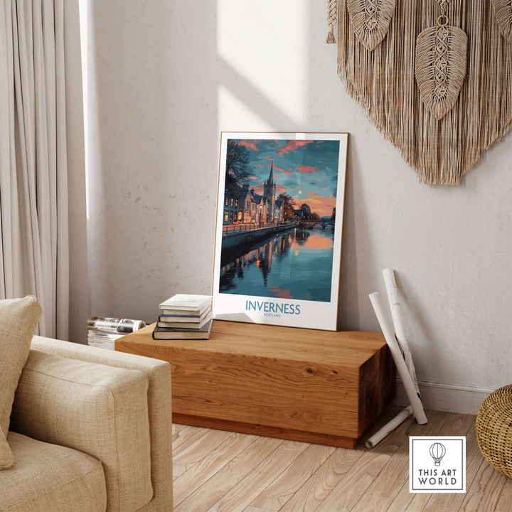 Inverness Scotland Sunset River Reflections Art Print | Twilight Cityscape Poster displayed in a cozy living room setting.