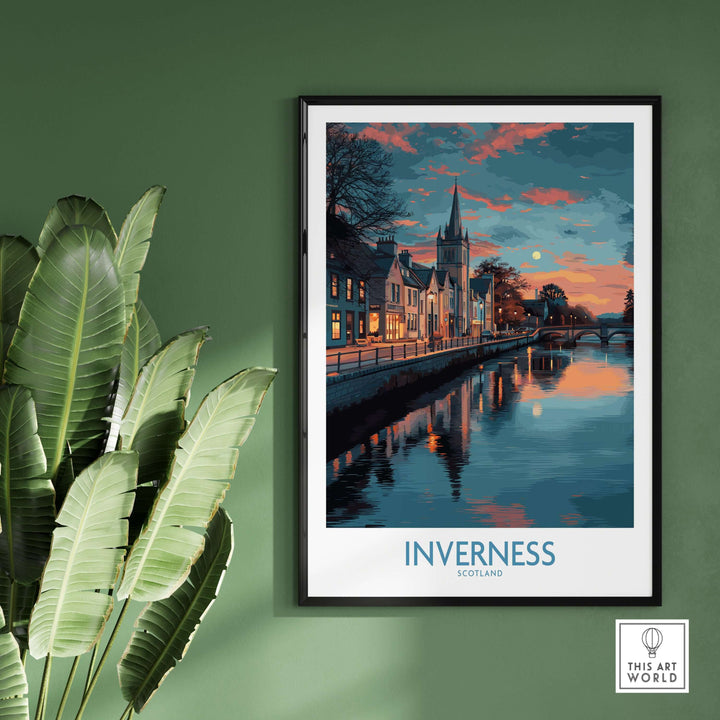 Inverness Scotland Sunset River Reflections Art Print | Twilight Cityscape Poster displayed on a green wall with plants.