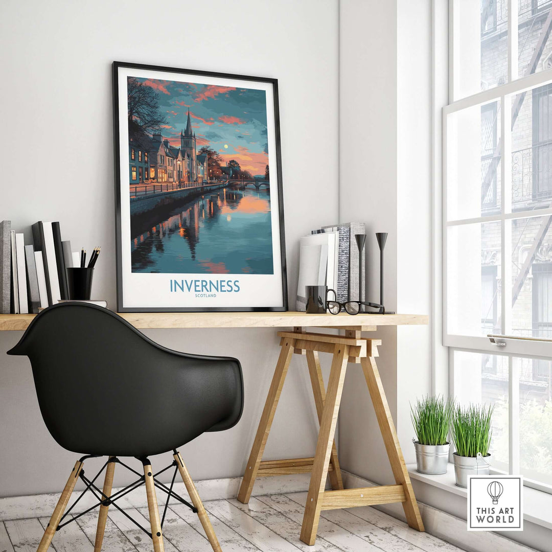 Inverness Scotland Sunset River Reflections Art Print | Twilight Cityscape Poster displayed in a modern workspace.