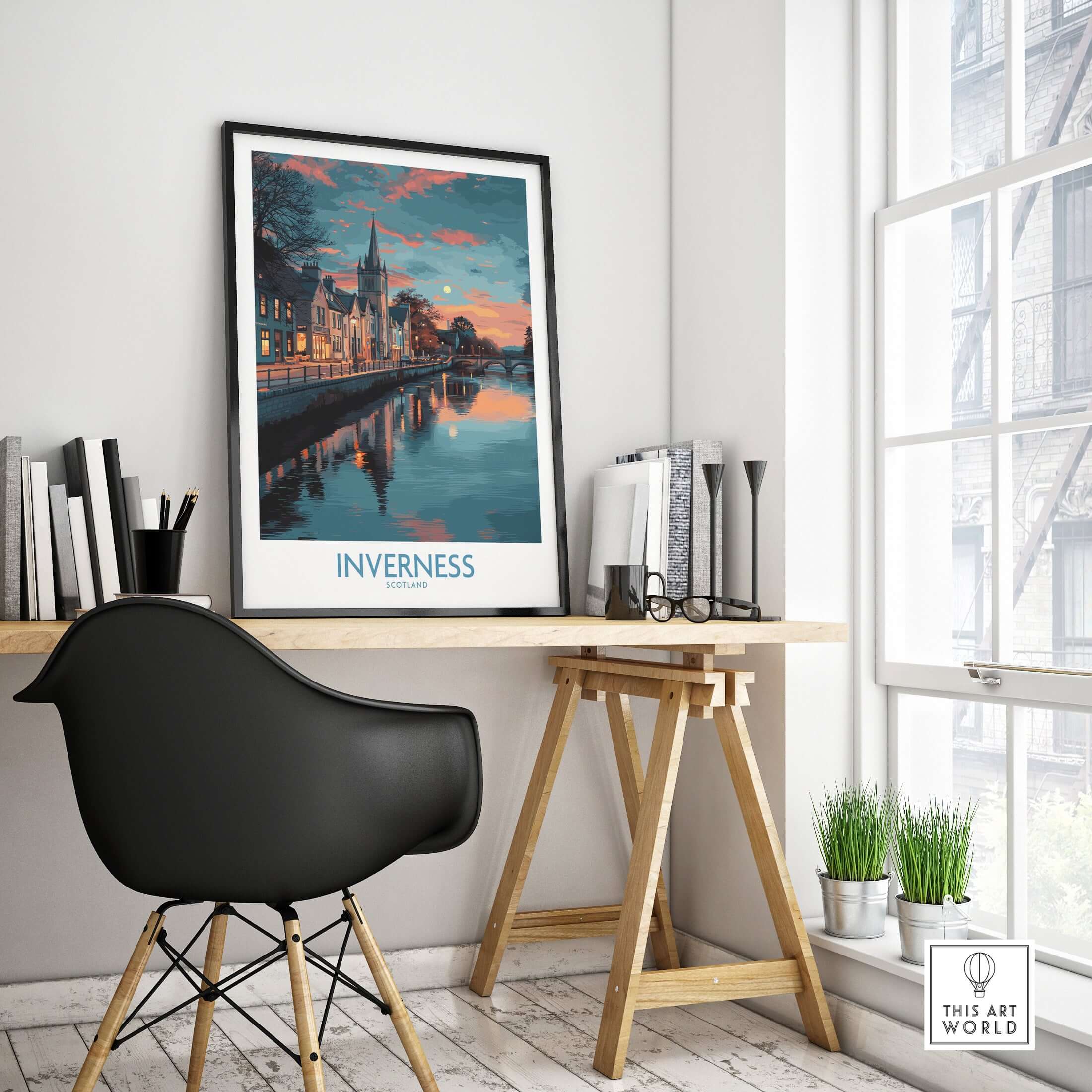 Inverness Scotland Sunset River Reflections Art Print | Twilight Cityscape Poster in a modern interior setting.