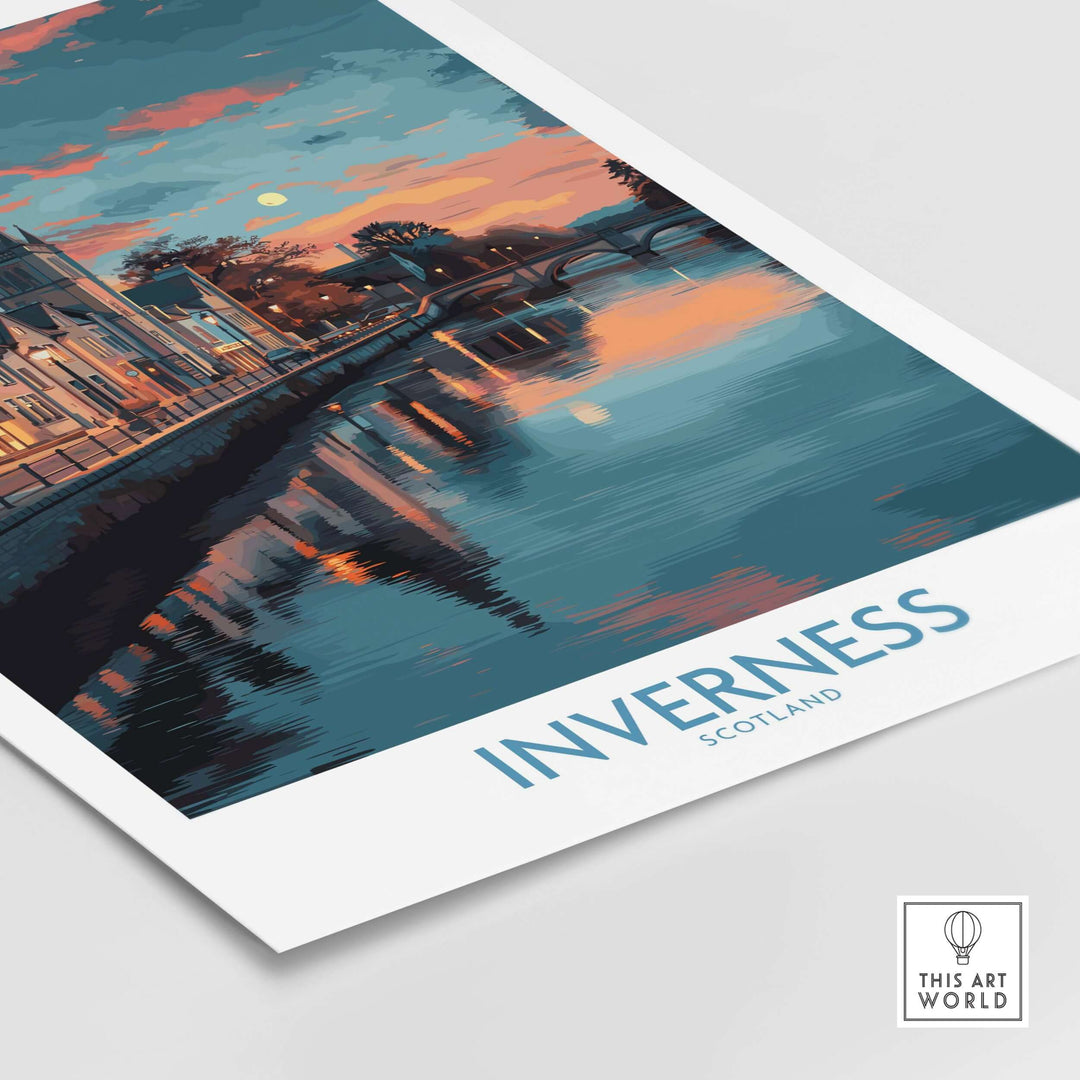 Inverness Scotland Sunset River Reflections Art Print | Twilight Cityscape Poster showcasing a colorful cityscape at twilight.