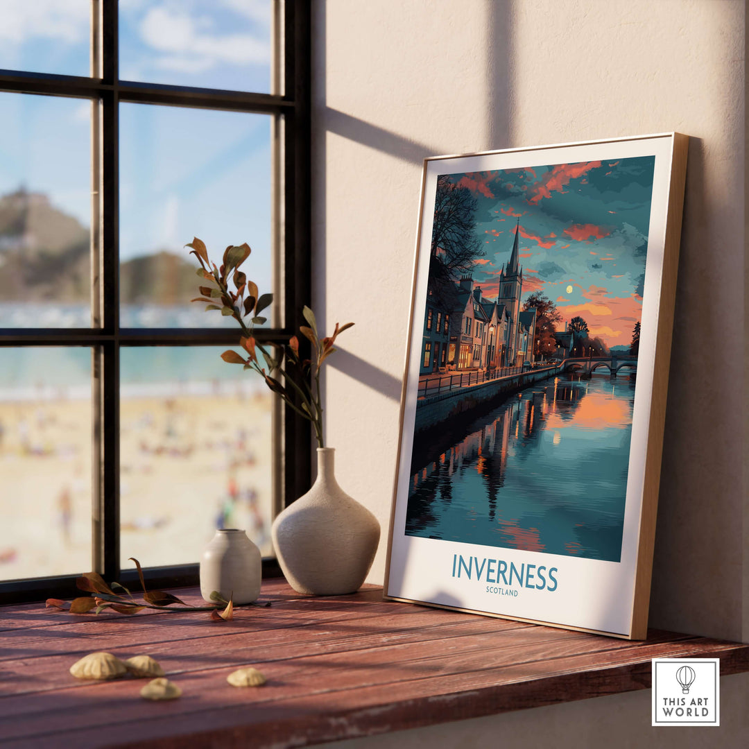 Inverness Scotland Sunset River Reflections Art Print | Twilight Cityscape Poster displayed on a windowsill.