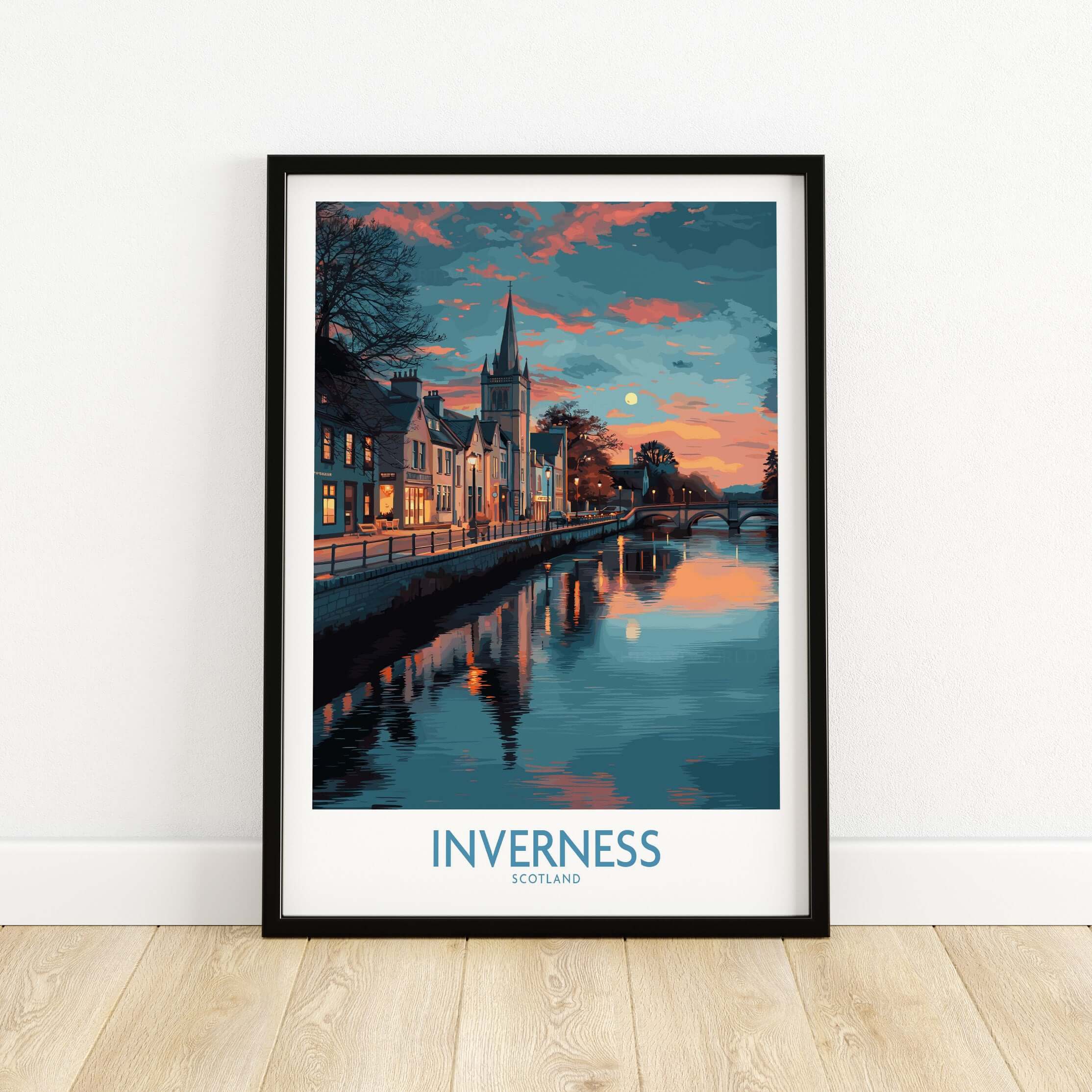 Inverness Scotland Sunset River Reflections Art Print | Twilight Cityscape Poster featuring serene river reflections.