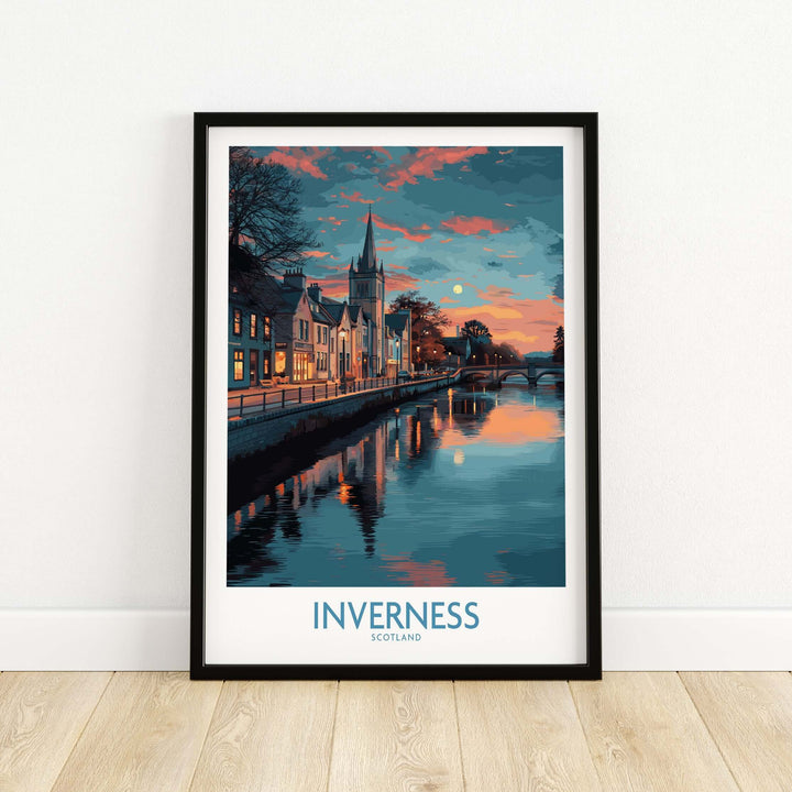 Inverness Scotland Sunset River Reflections Art Print | Twilight Cityscape Poster featuring the enchanting glow of twilight.