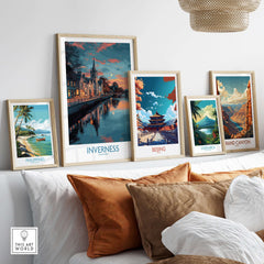 Inverness Scotland Sunset River Reflections Art Print | Twilight Cityscape Poster displayed among other travel posters.