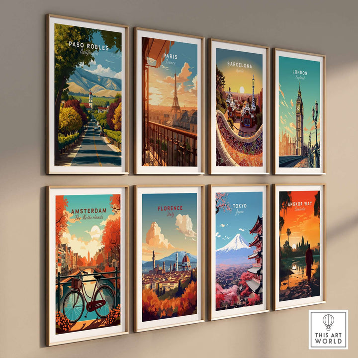 Paso Robles Print | California Home Decor showcasing vibrant landscapes and iconic city artwork in a gallery wall display.