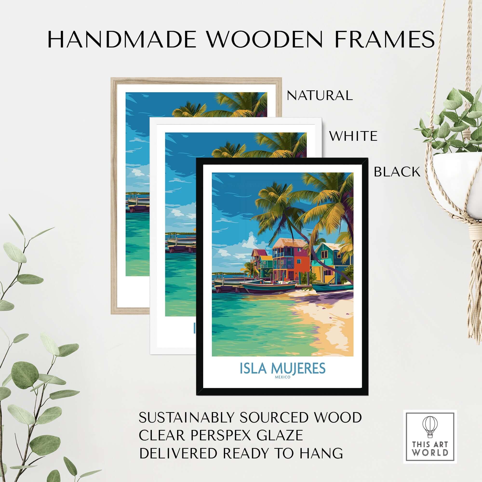 Isla Mujeres Beach Poster - Mexico Colorful Cabana Art Print - Tropical Wall Decor framed in handmade wooden frames.
