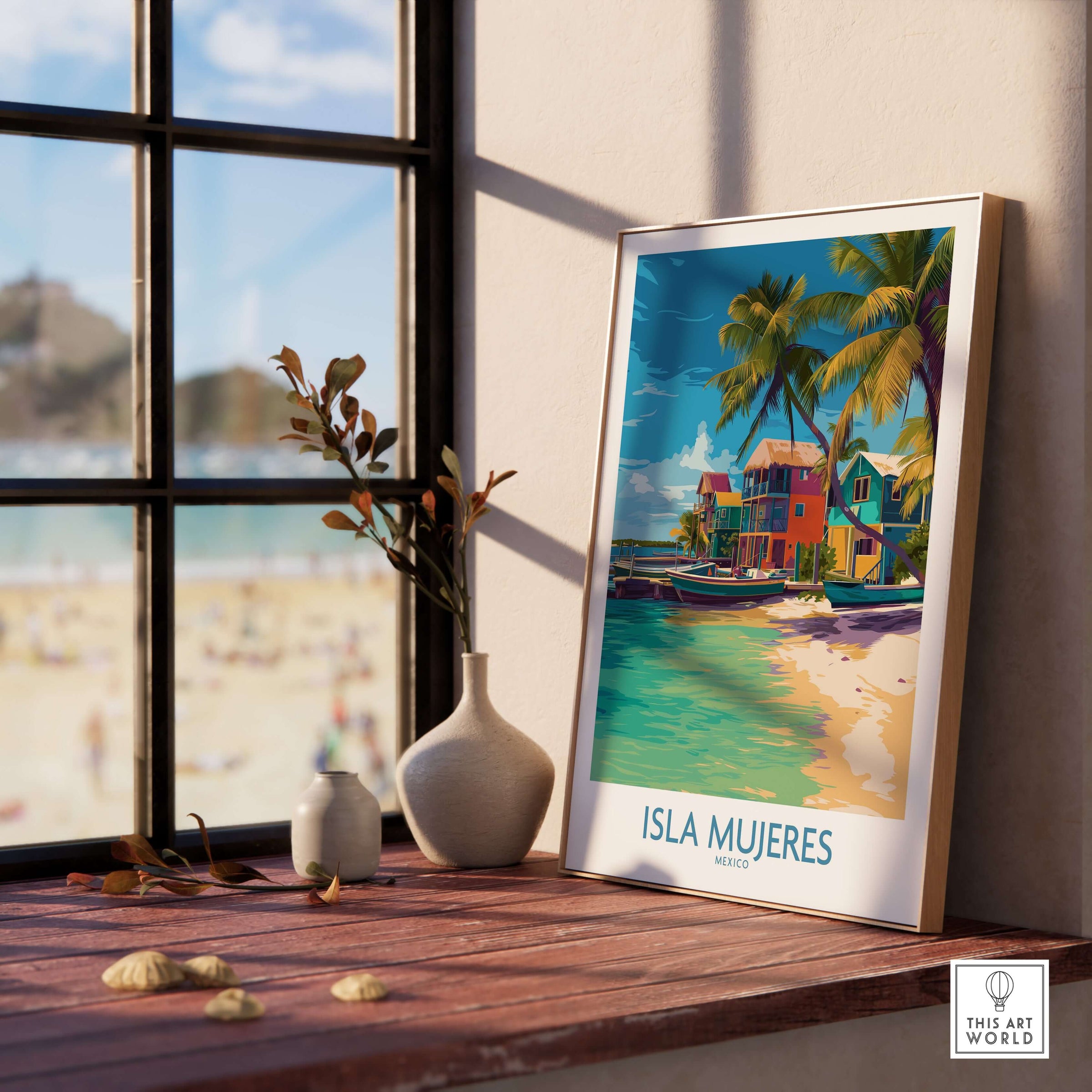 Isla Mujeres Beach Poster - Mexico Colorful Cabana Art Print - Tropical Wall Decor displayed on a wooden table by a window.