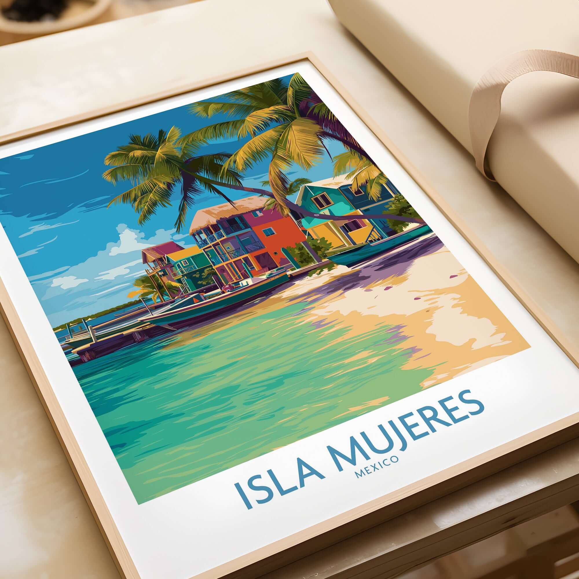 Isla Mujeres Beach Poster - Mexico Colorful Cabana Art Print - Tropical Wall Decor featuring vibrant cabanas and palm trees.